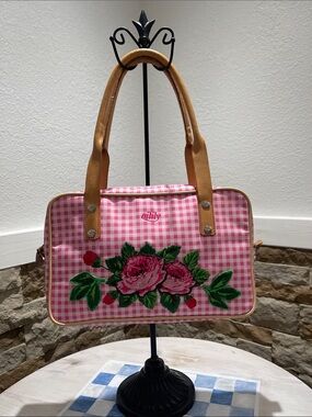 Oilily Pink Gingham Tote with Floral Appliqué and Tan Handles
